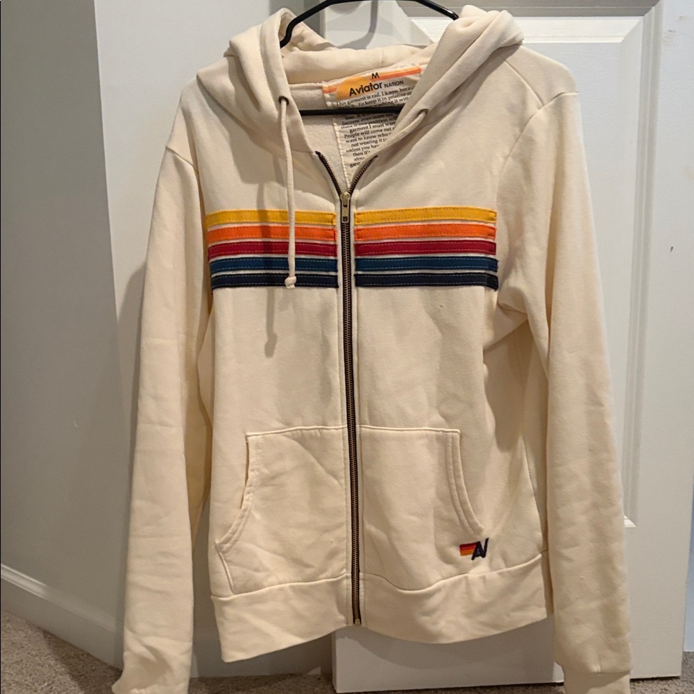 Aviator Nation Cream Hoodie with Rainbow Stripes
